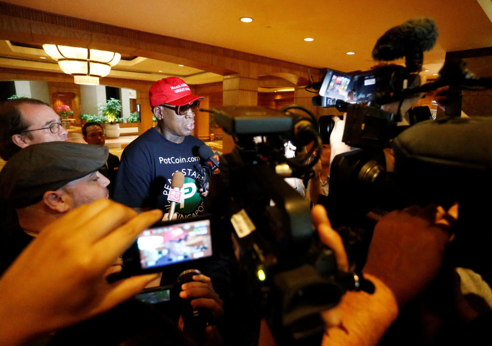 Former U.S. basketball star Dennis Rodman makes an appearance at Regent Hotel in Singapore on June 12, 2018. (Photo: Feline Lim/Reuters)