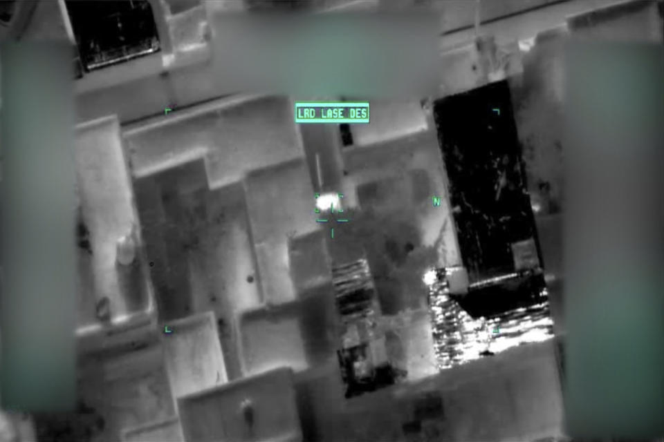 This image from video, released by the Department of Defense, from video drone footage, shows a missile fired from a drone in Kabul, Afghanistan on Aug. 29, 2021, that killed 10 civilians. It marks the first public release of video footage of the Aug. 29 strike, which the Pentagon initially defended but later called a tragic mistake. Of the 10 people killed in the attack, seven were children. (Department of Defense via AP)