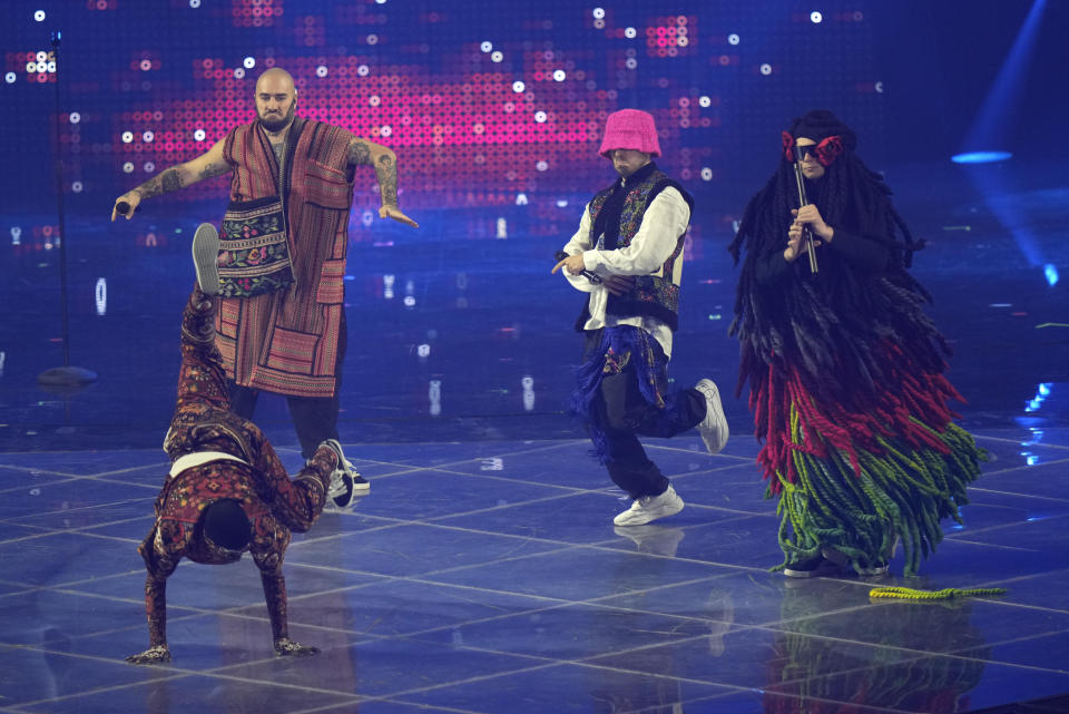 Kalush Orchestra from Ukraine singing Stefania perform during the Grand Final of the Eurovision Song Contest at Palaolimpico arena, in Turin, Italy, Saturday, May 14, 2022. (AP Photo/Luca Bruno)