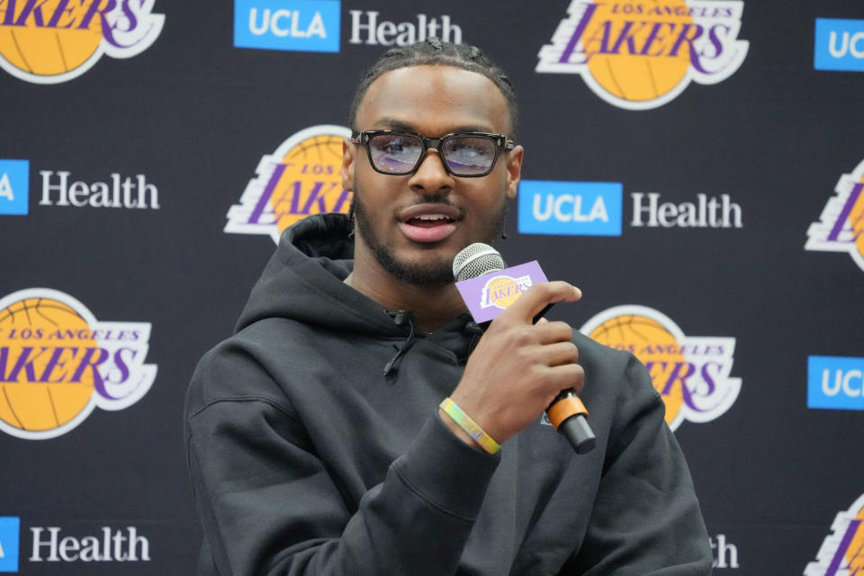 Los Angeles Lakers second-round draft pick Bronny James takes questions at a press conference.