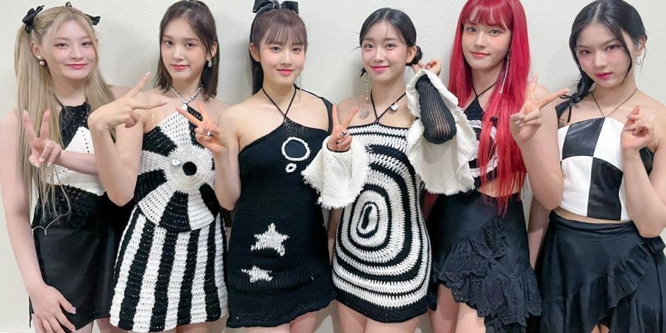 K-Pop girl group StayC wearing made-to-order Dainty Knit outfits.