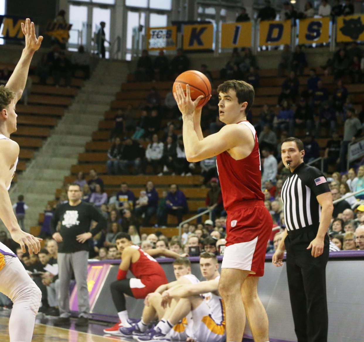 Bradley guard Connor Hickman had a career-high 17 during the Braves 77-69 win over Northern Iowa in a Missouri Valley Conference game at McLeod Center in Cedar Falls, Iowa on Saturday, Feb. 4, 2023.