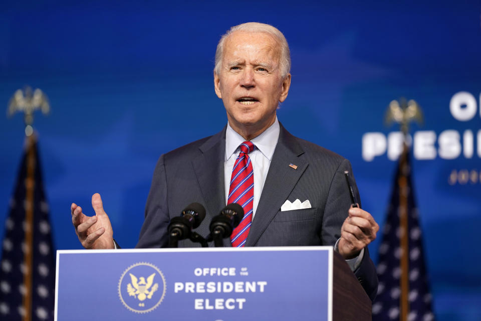 President-elect Joe Biden speaks about jobs at The Queen theater, Friday, Dec. 4, 2020, in Wilmington, Del. (AP Photo/Andrew Harnik)