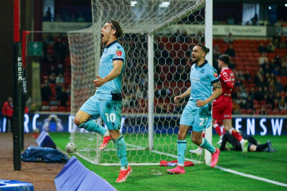 Dion Charles celebrates his 20th goal of the season, scored at Barnsley <i>(Image: Camerasport)</i>