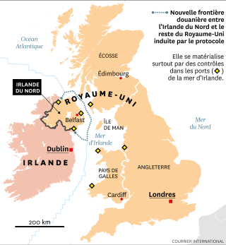 Carte montrant l'Irlande du Nord au sein du Royaume-Uni ainsi que sa nouvelle frontière douanière.. 