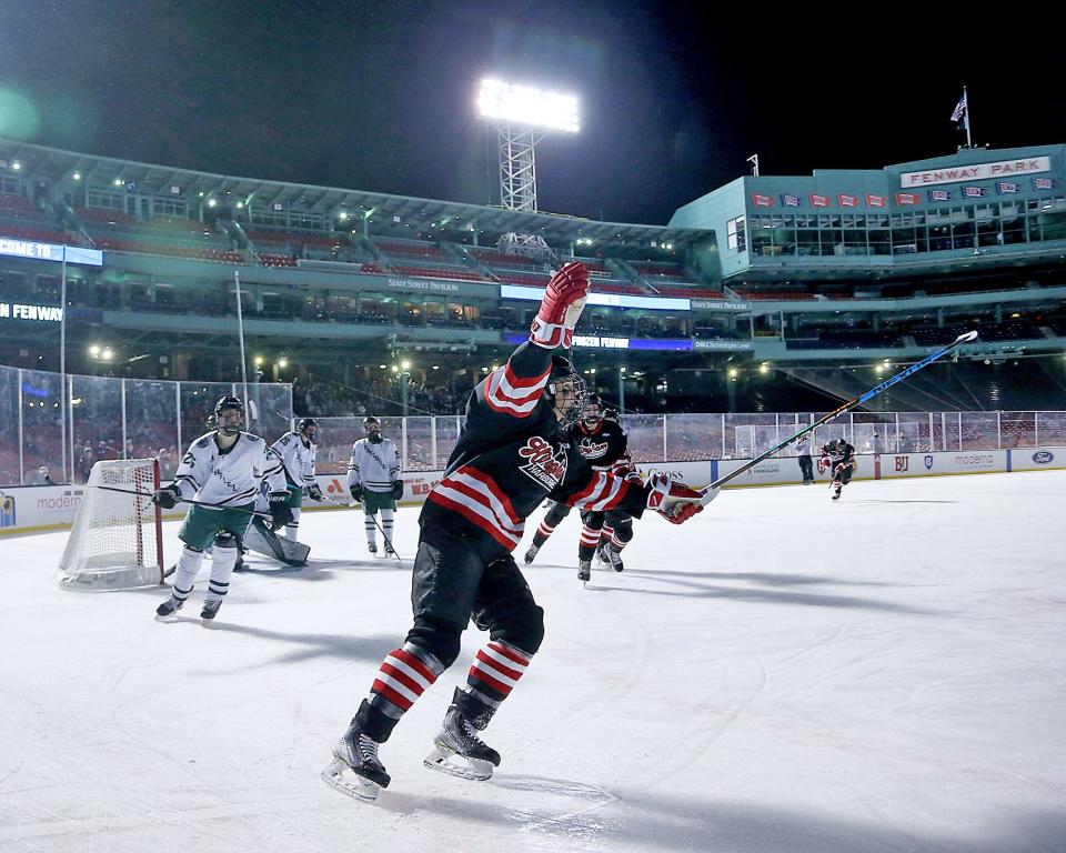 Hingham’s Cam McKenna celebrates his goal to give Hingham the 1-0 lead over Marshfield during their exhibition game at Frozen Fenway at Fenway Park on Wednesday, Jan. 11, 2023. 