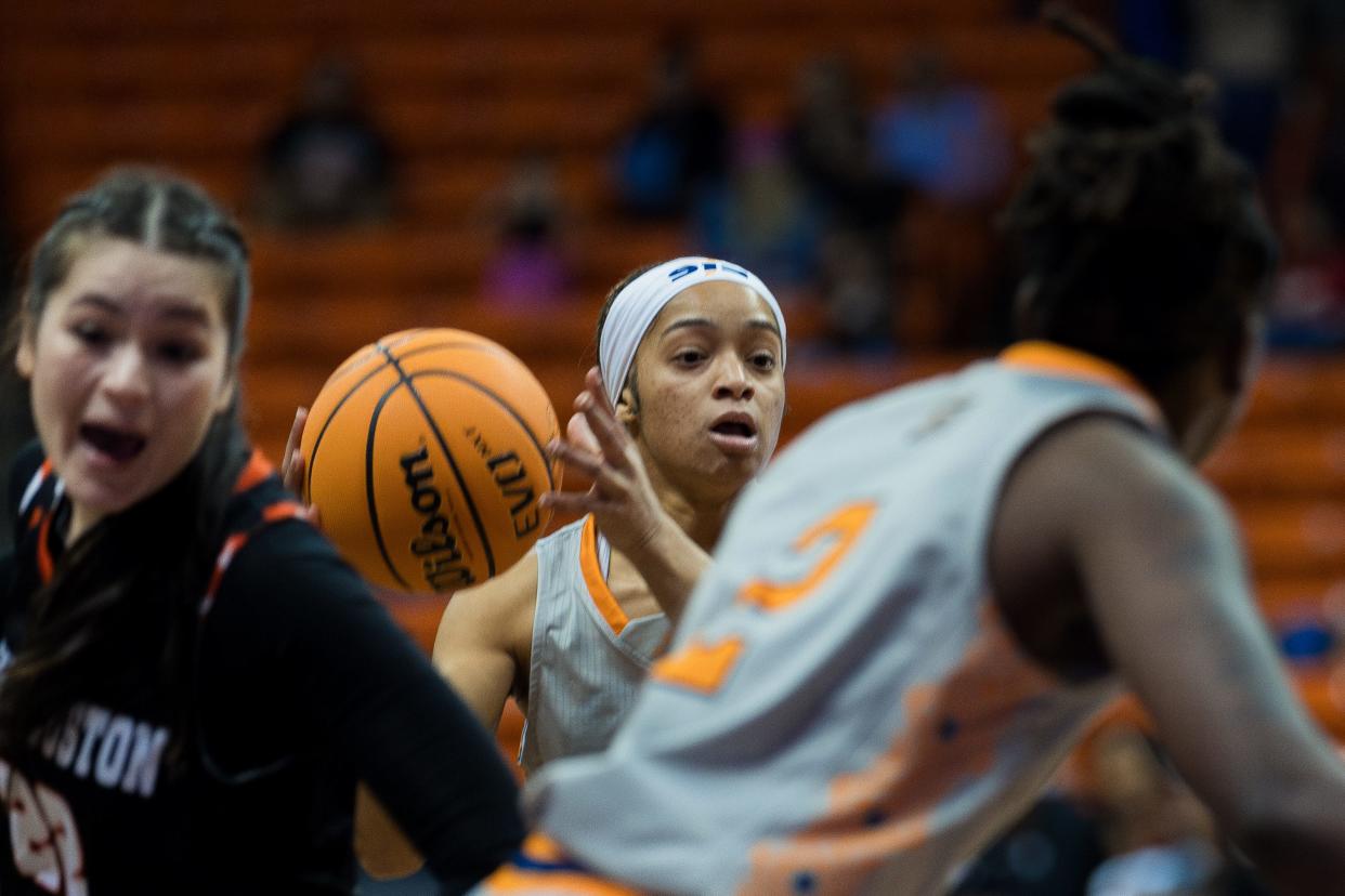 UTEP'S Aaliyah Stanton (11) looks to pass the ball past Sam Houston at a women's basketball game on Saturday, Jan. 27, 2024, at the Don Haskins Center in El Paso, Texas.