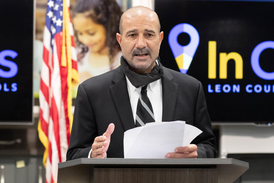 Leon County Schools Superintendent Rocky Hanna holds a press conference to announce a mask mandate with an option for opting out with a doctor's note at the school district office Monday, August 9, 2021. 