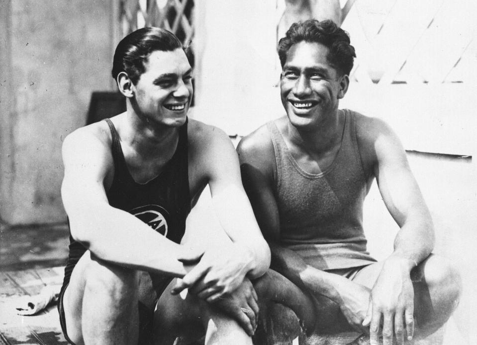 Image: Johnny Weissmuller and Duke Kahanamoku at the 1924 Olympic games in Paris. (AP file)