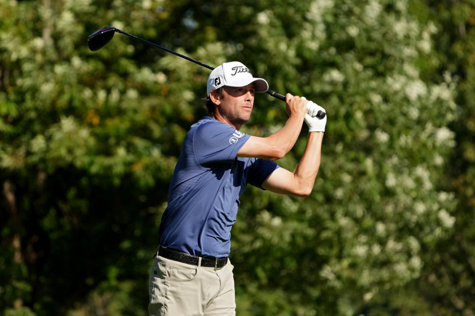 Spencer Levin of the United States plays a shot from the 12th tee during the second round of the Nationwide Children’s Hospital Championship at Ohio State University Golf Club on September 22, 2023 in Columbus, Ohio. (Photo by Dylan Buell/Getty Images)