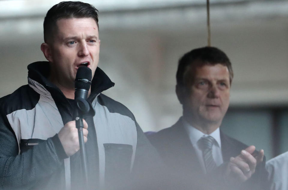 Ukip leader Gerard Batten (right) looks on as Tommy Robinson (left) addresses a rally after taking part in a “Brexit Betrayal” march (Picture: PA)