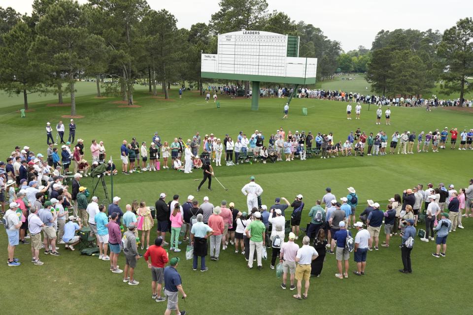 Bryson DeChambeau tees off on the eighth hole during a practice round in preparation for the Masters golf tournament at Augusta National Golf Club Tuesday, April 9, 2024, in Augusta, Ga. (AP Photo/Ashley Landis)