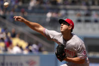 Cincinnati Reds starting pitcher Tyler Mahle throws to the plate during the first inning of a baseball game against the Los Angeles Dodgers Sunday, April 17, 2022, in Los Angeles. (AP Photo/Mark J. Terrill)