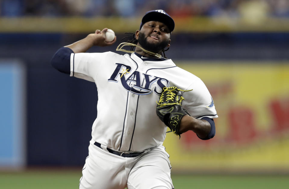 Tampa Bay Rays' Diego Castillo pitches to a Cleveland Indians batter during the first inning of a baseball game Saturday, Aug. 31, 2019, in St. Petersburg, Fla. (AP Photo/Chris O'Meara)