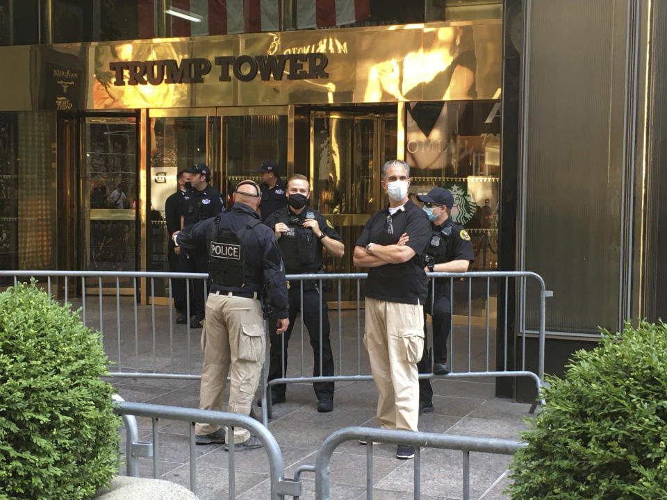 Photo by: STRF/STAR MAX/IPx 2020 7/9/20 A Black Lives Matter painting is seen outside of Trump Tower. President Trump was displeased with Mayor De Blasio's decision to allow the mural to be painted outside his building. Police and bystanders stood by to observe the spectacle. (NYC)