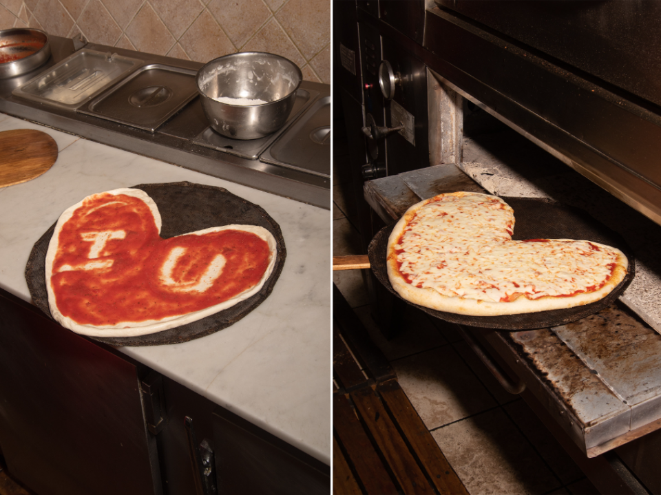 left: a raw heart shaped pizza with tomato sauce that reads "i u." right: a heart shaped cheese pizza