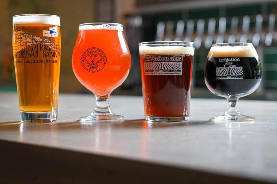 A sampling of the handcrafted beers at Irrigation Ales, from left: Lovewell Lager, Cherry Kolache sour, Red Trucks red ale and Haulin’ Oats oatmeal stout.