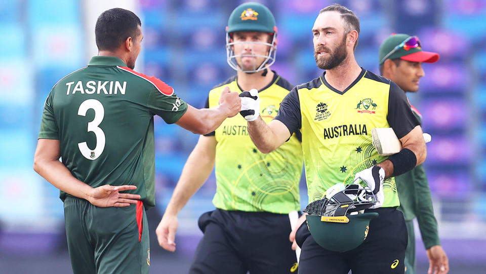 Glenn Maxwell and Taskin Ahmed, pictured here shaking hands after Australia's win over Bangladesh.