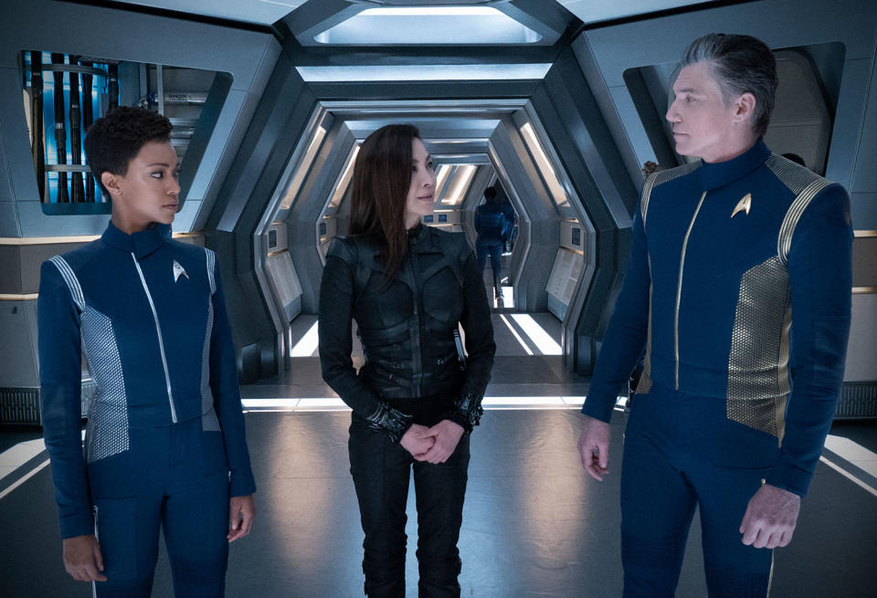 L-R: Michael Burnham (Sonequa Martin-Green), Michelle Yeoh (Philippa Georgiou), and Christopher Pike (Ansel Mount). (Netflix)