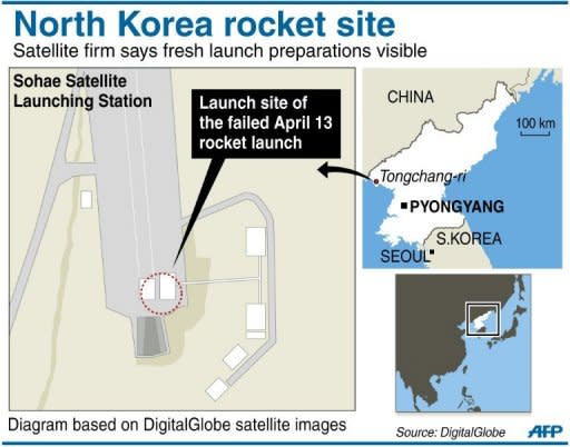 Graphic showing the Sohae Satellite Launch Station in North Korea, showing increased activity and possible preparations for a new missile test, according to satellite firm DigitalGlobe Inc