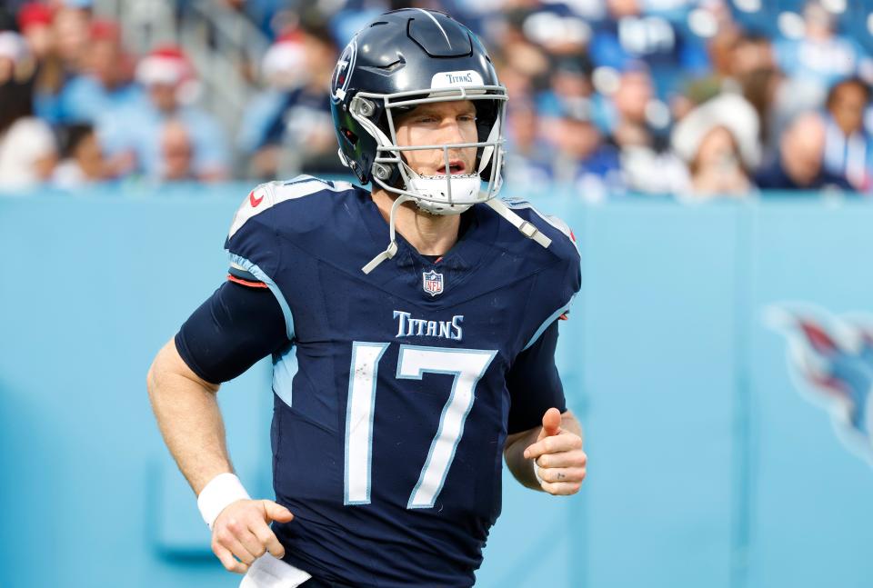 Ryan Tannehill #17 of the Tennessee Titans runs on the field during the second half in the game against the Seattle Seahawks at Nissan Stadium on December 24, 2023 in Nashville, Tennessee.