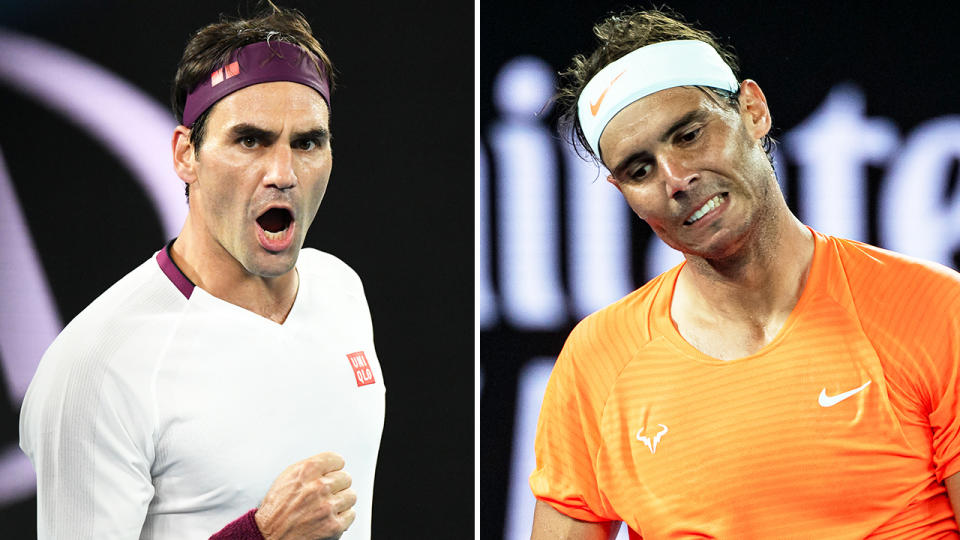 Rafa Nadal (pictured right) frustrated after losing a point and Roger Federer (pictured left) celebrating with a fist-pump.