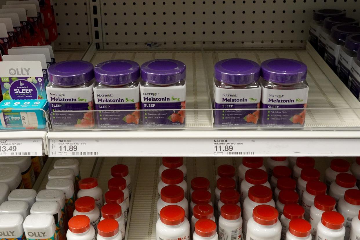 Sleep aids, some of which are melatonin gummies, are displayed for sale in a store on April 26, 2023 in Miami, Florida. According to a recent study, melatonin gummies may have different doses than the packaging says, making them potentially dangerous for people taking them as a sleeping aid.