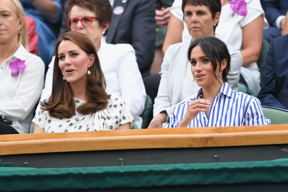 <p>Kate and Meghan watch a tense tennis match at Wimbledon 2018.</p>