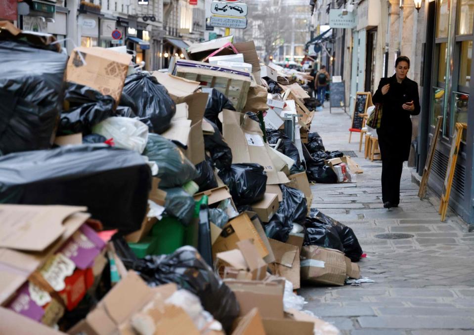 A woman walks past a pile of uncollected rubbish in Paris as strikes entered their 15th day (AFP via Getty Images)