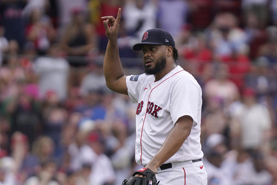 Boston Red Sox's Kenley Jansen celebrates after his team defeated the Oakland Athletics in a baseball game, Sunday, July 9, 2023, in Boston. (AP Photo/Steven Senne)