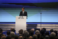 Greece's Prime Minister Kyriakos Mitsotakis delivers a speech during the Thessaloniki International Fair at the northern city of Thessaloniki, Saturday, Sept. 7, 2019. Mitsotakis outlined his economic policies for the next year, as heads of government have traditionally done over the years. (AP Photo/Giannis Papanikos)