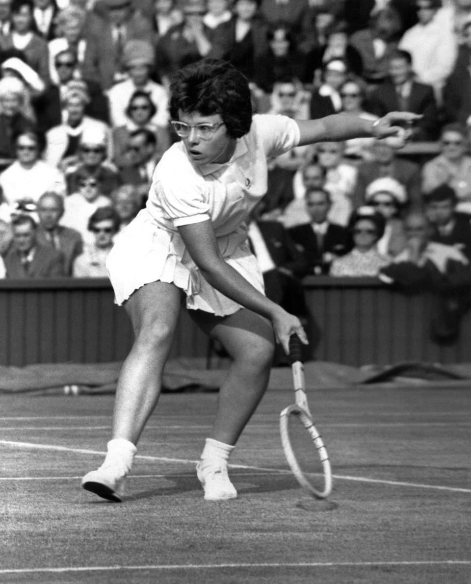 Billie Jean King plays former champion Maria Bueno of Brazil during the women's singles quarter finals match at Wimbledon in 1963.