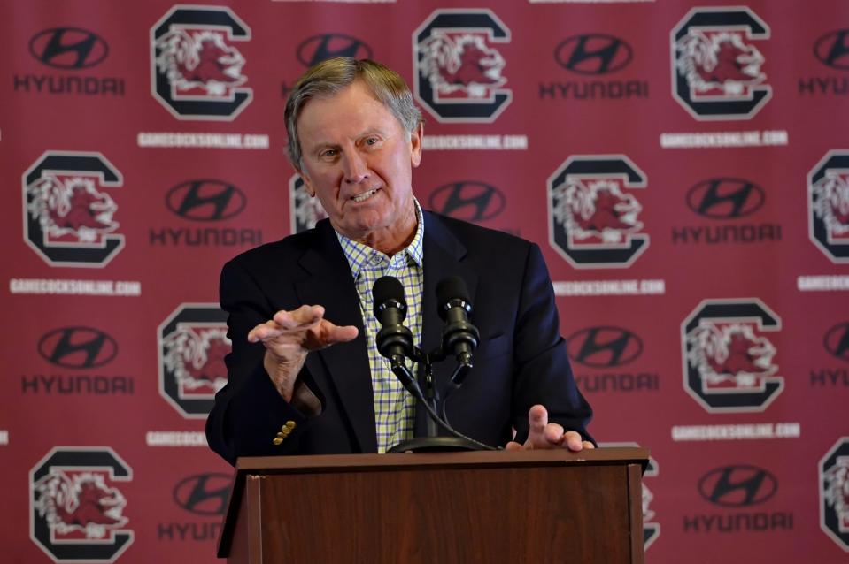 Steve Spurrier speaks during a news conference held to announce his resignation as the South Carolina head football coach Oct. 13, 2015, at the University Of South Carolina, in Columbia, S.C. (AP Photo/Richard Shiro)