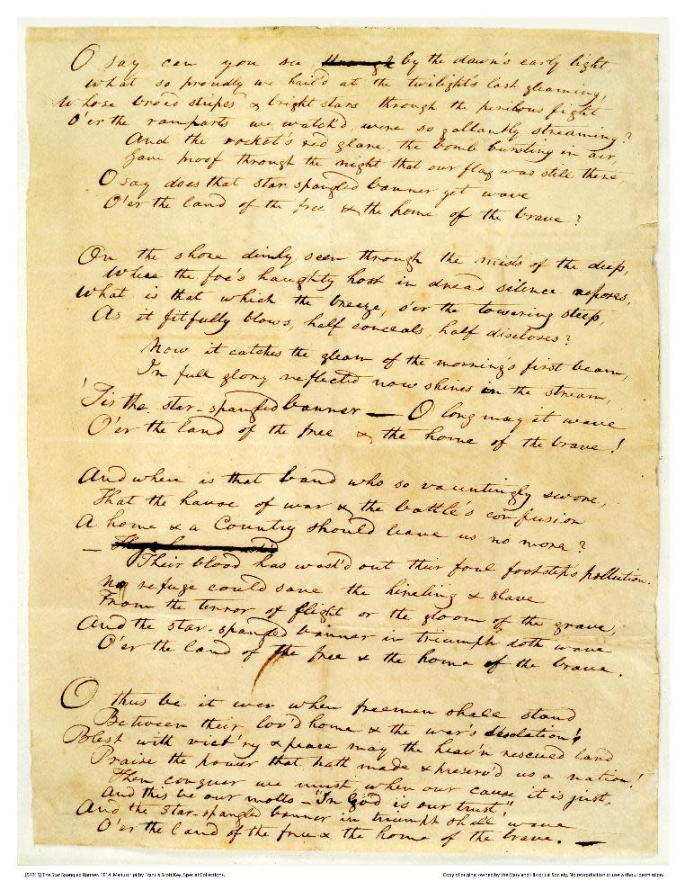 This undated handout image provided by The Maryland Historical Society shows the 1814 Star-Spangled Banner manuscript by Francis Scott Key. The original, handwritten manuscript of “The Star-Spangled Banner” and the flag that inspired the song’s lyrics will be displayed together at the Smithsonian in Washington, what is believed to be the first time the historic pieces have been shown side-by-side, on Flag Day, June 14, through July 6. (AP Photo/The Maryland Historical Society)