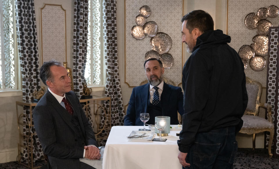 FROM ITV

STRICT EMBARGO - No Use Before Tuesday 26th April 2022

Coronation Street - Ep 1063435

Monday 9th May 2022

Peter Barlow [CHRIS GASCOYBE] finds Mr Thorne [DOMINIC MAFHAM] in a restaurant. Mr Thorne winds Peter up and Peter loses his temper and punches Mr Thorne. The police arrive and arrest Peter on suspicion of assault. 

Picture contact - David.crook@itv.com

Photographer - Danielle Baguley

This photograph is (C) ITV Plc and can only be reproduced for editorial purposes directly in connection with the programme or event mentioned above, or ITV plc. Once made available by ITV plc Picture Desk, this photograph can be reproduced once only up until the transmission [TX] date and no reproduction fee will be charged. Any subsequent usage may incur a fee. This photograph must not be manipulated [excluding basic cropping] in a manner which alters the visual appearance of the person photographed deemed detrimental or inappropriate by ITV plc Picture Desk. This photograph must not be syndicated to any other company, publication or website, or permanently archived, without the express written permission of ITV Picture Desk. Full Terms and conditions are available on  www.itv.com/presscentre/itvpictures/terms