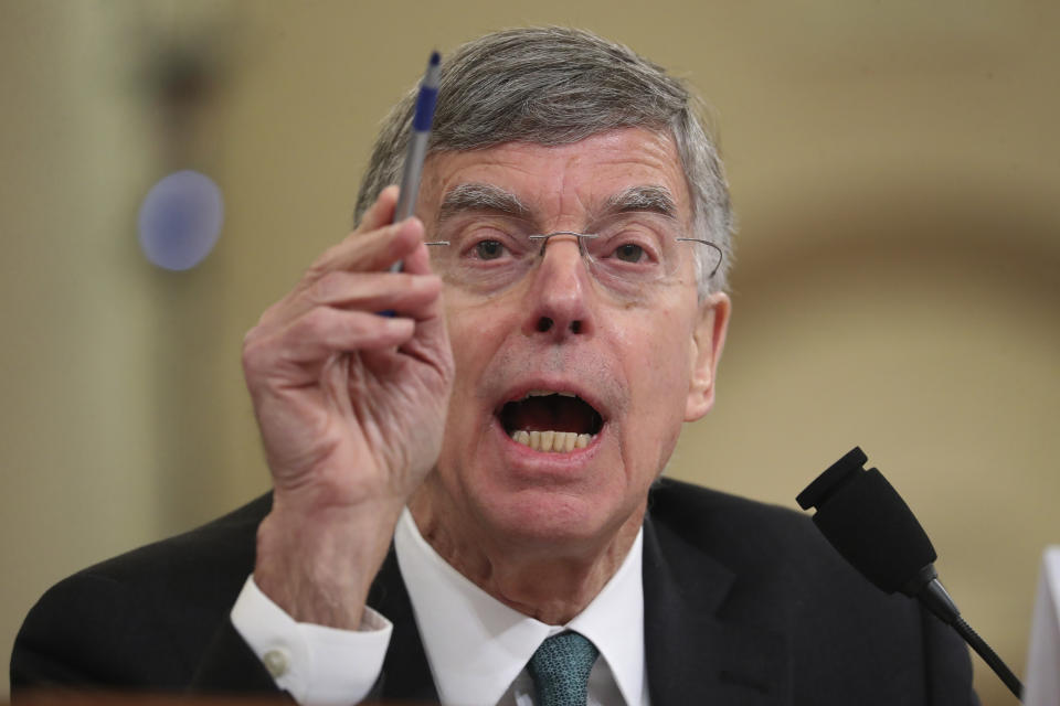 Top U.S. diplomat in Ukraine William Taylor testifies before the House Intelligence Committee on Capitol Hill in Washington, Wednesday, Nov. 13, 2019, during the first public impeachment hearing of President Donald Trump's efforts to tie U.S. aid for Ukraine to investigations of his political opponents. (AP Photo/Andrew Harnik)