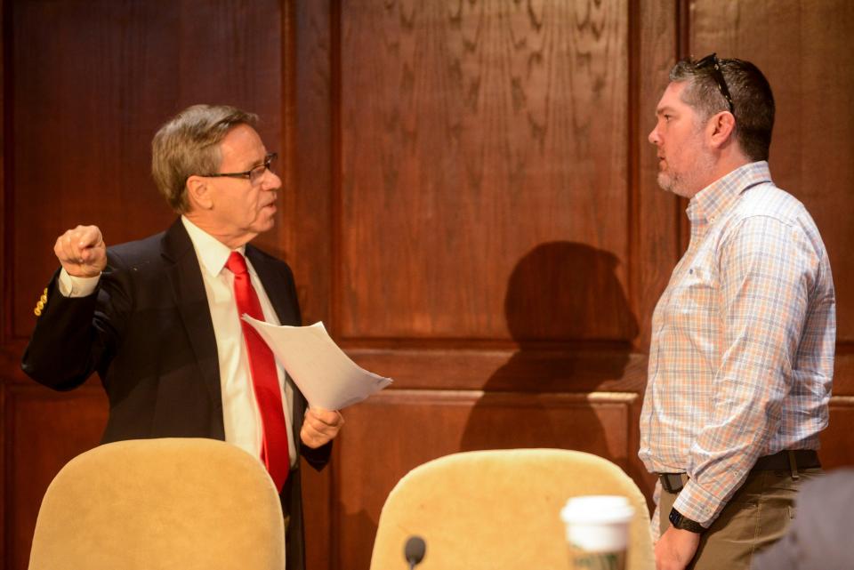 Councilman Larry Lowrance and Russ McKelvey speak after a special-called City Council meeting inside Jackson City Hall, Jackson, TN, on Friday, July 12, 2024.