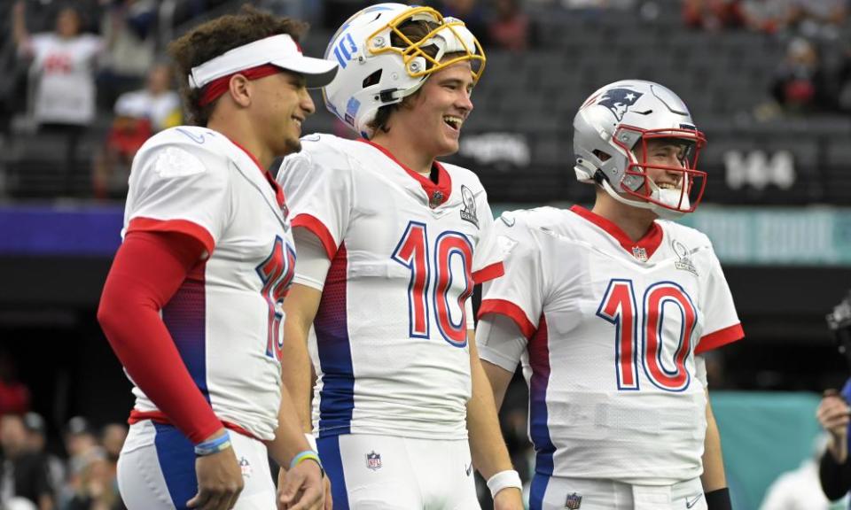 Patrick Mahomes and Justin Herbert (left and center) will be waiting for Russell Wilson in the AFC West