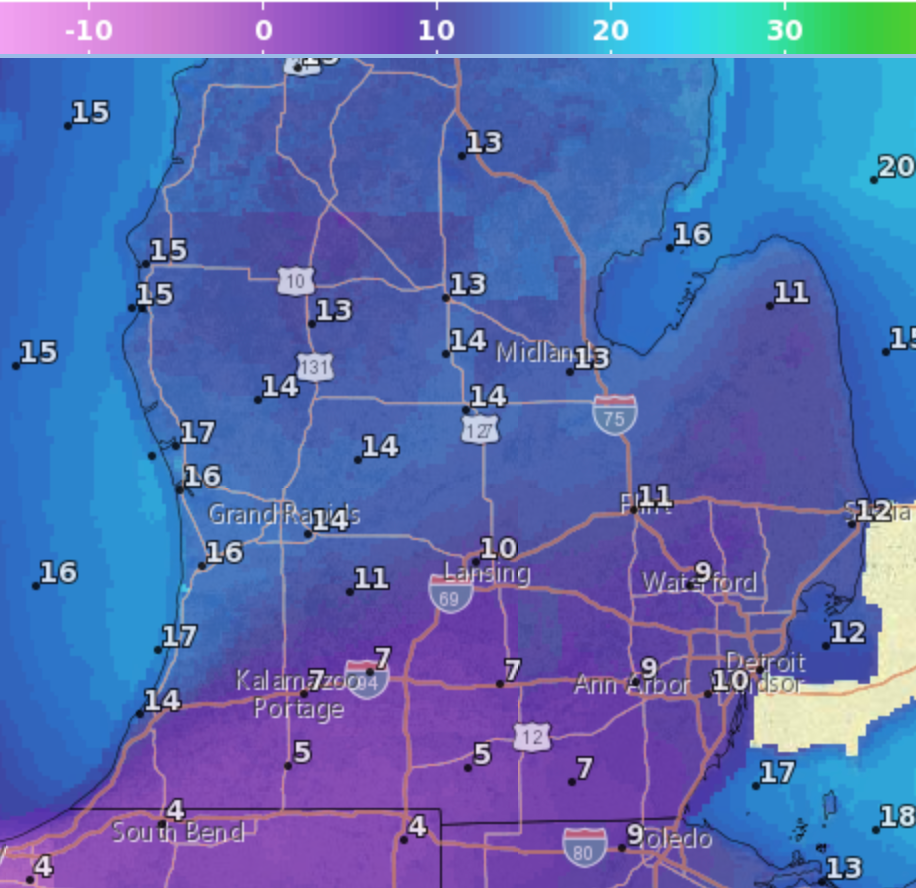 A map from the National Weather Services shows temperatures in the low teens and single digits in Michigan during a cold snap in mid-January.