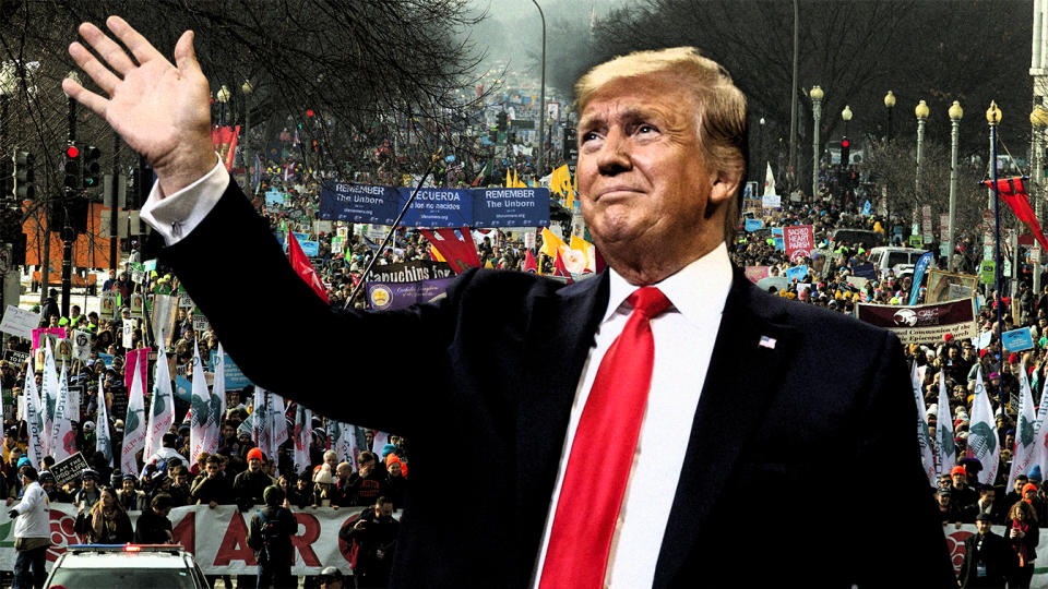 President Donald Trump; and, anti-abortion activists march towards the U.S. Supreme Court, during the March for Life in Washington on Jan. 18, 2019. (Photo illustration: Yahoo News; photos: AP, Jose Luis Magana/AP)