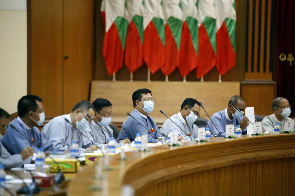 Representatives of various political parties attend a meeting organized by the Union Election Commission Friday, May 21, 2021 in Naypyitaw, Myanmar. The head of Myanmar's military-appointed state election commission says his agency will consider dissolving Aung San Suu Kyi's former ruling party for its alleged involvement in electoral fraud and have its leaders charged with treason. (AP Photo)