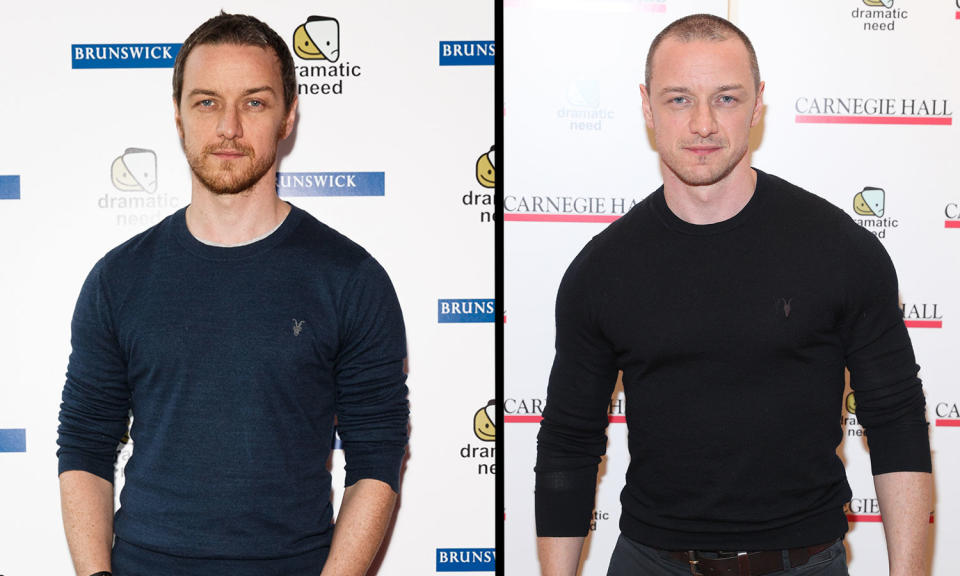 James McAvoy pictured in October 2015 (left) and in November 2017, while he was filming <i>Glass</i> (Getty)