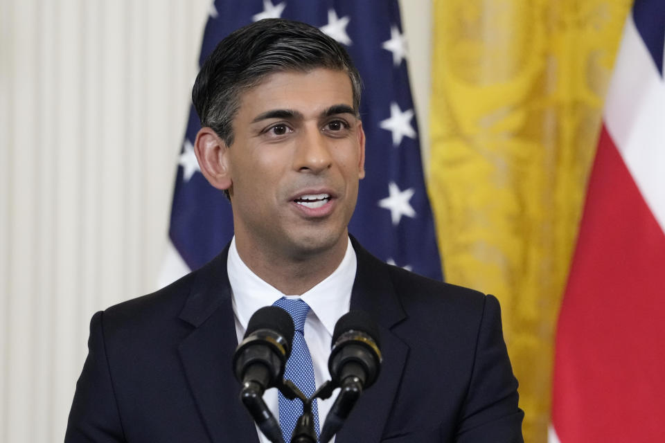 British Prime Minister Rishi Sunak speaks during a news conference with President Joe Biden in the East Room of the White House in Washington, Thursday, June 8, 2023. (AP Photo/Manuel Balce Ceneta)