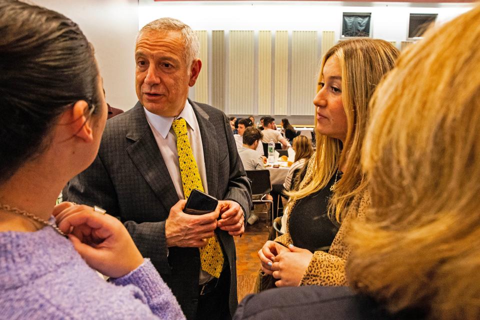 University of Delaware President Dennis Assanis speaks to students at the Trabant University Center in Newark, Friday, Oct. 20, 2023.