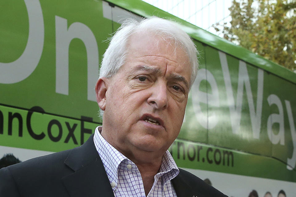 FILE - In this Nov. 1, 2018, file photo, Republican gubernatorial candidate John Cox talks to reporters in Sacramento, Calif. Cox is one of several high-profile Republicans, who is running to replace Gov. Gavin Newsom in the Sept. 14 recall election. Cox and three other Republican candidates are heading into their first televised debate, to be held Wednesday, Aug. 4, 2021. Conservative talk radio host Larry Elder and reality tv personality Caitlyn Jenner will not attend the debate. (AP Photo/Rich Pedroncelli, File)