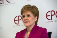 Scotland's First Minister Nicola Sturgeon speaks during an event 'Scotland's European Future after Brexit' at the European Policy Center in Brussels, Monday, Feb. 10, 2020. (AP Photo/Virginia Mayo, Pool)