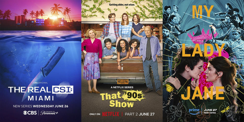 This combination of images shows promotional art for the series "The Real CSI: Miami," left, the comedy series "That 90s Show," center, and the series "My Lady Jane." (CBS/Netflix/Prime via AP)