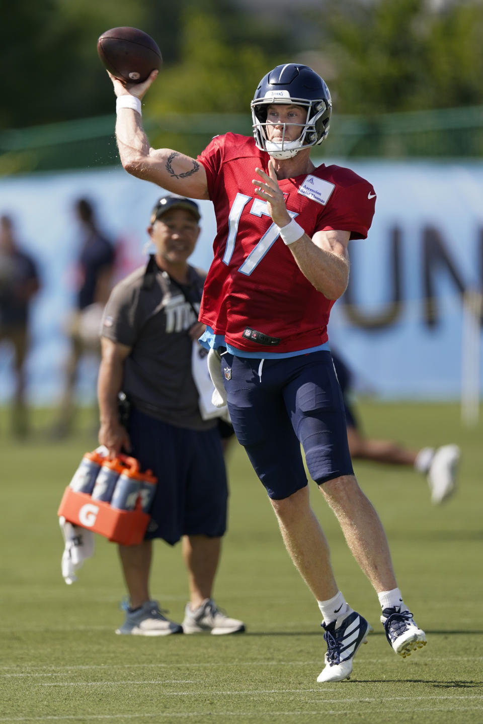 Tennessee Titans quarterback Ryan Tannehill (17) throws a pass during an NFL football training camp practice Tuesday, Aug. 1, 2023, in Nashville, Tenn. (AP Photo/George Walker IV)