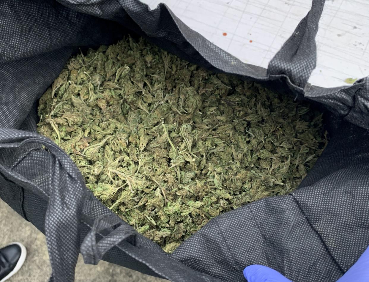 In this undated photo supplied by the New Zealand police, a bag of marijuana is displayed during a police raid as part of Operation Trojan. Authorities in Australia and New Zealand said Tuesday, June 8, 2021, they've dealt a huge blow to organized crime after hundreds of criminals were tricked into using a messaging app that was being secretly run by the FBI. 