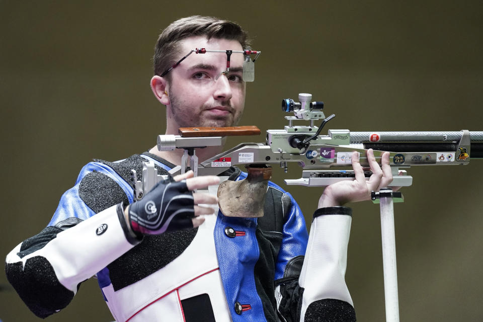 William Shaner, of the United States, reacts after winning the gold medal in the men's 10-meter air rifle at the Asaka Shooting Range in the 2020 Summer Olympics, Sunday, July 25, 2021, in Tokyo, Japan. (AP Photo/Alex Brandon)